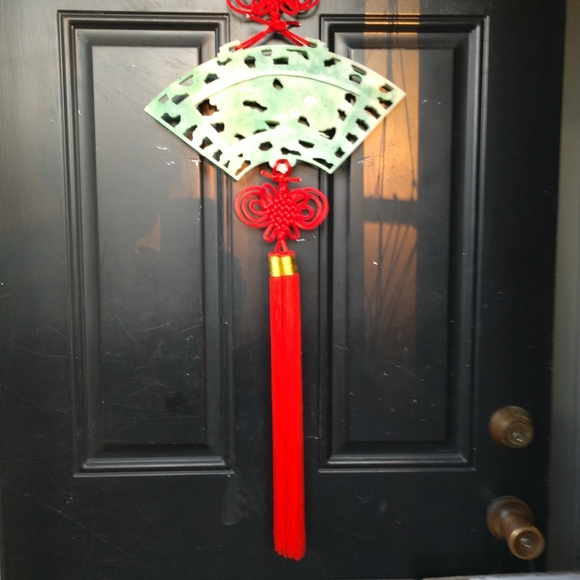 Chinese Carved Green Lacquer Firey Dragon Hanging Fan Red Lucky Knots & Tassels - Picture 12 of 14